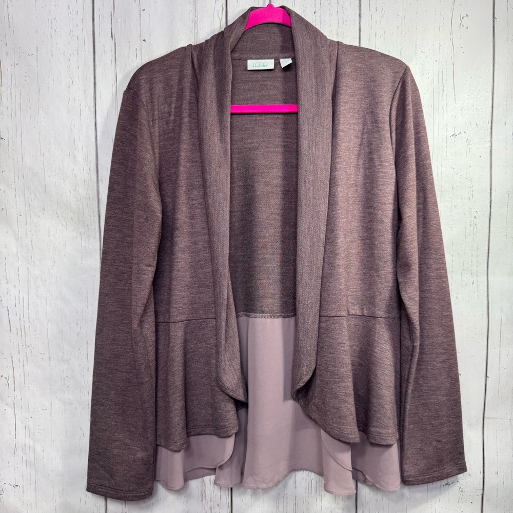 Logo Lounge Open Front Cardigan Chiffon Hem Mauve Purple Long Sleeve Layering